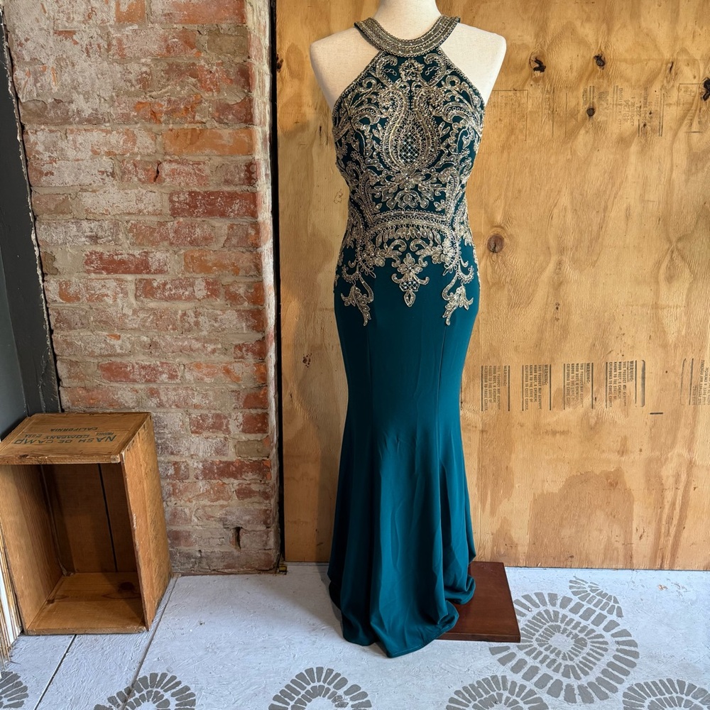 Xscape Halter Neck Gold Lace Bodice Mermaid Green Prom Dress Sz 0